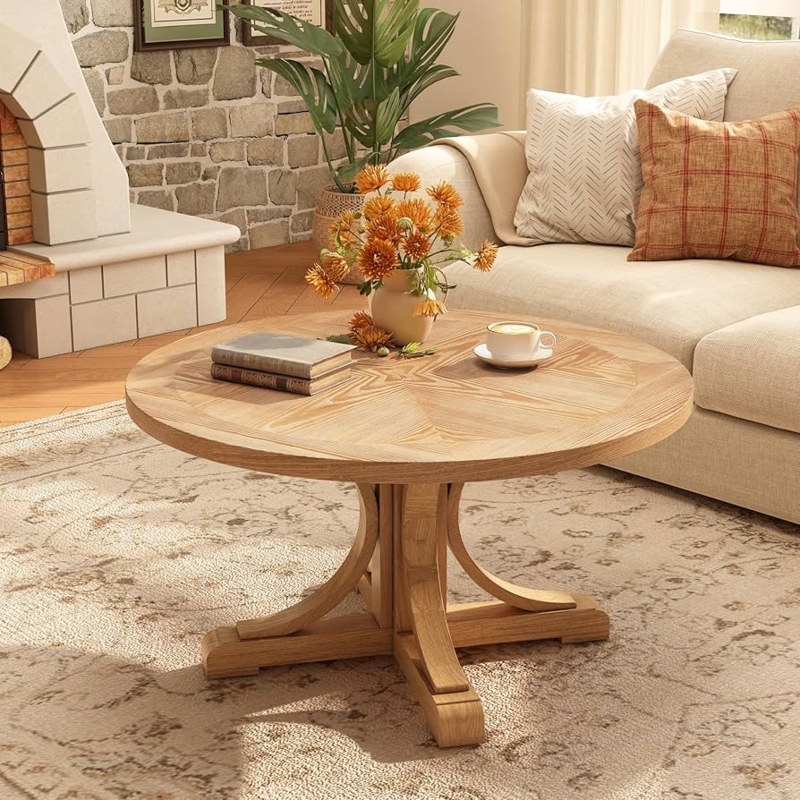 Coffee Table Round Sunburst Wood Grain Top with Curved Bracket Base