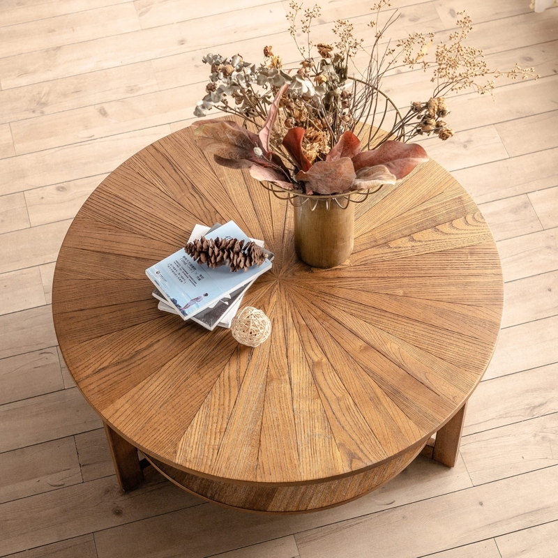Coffee Table Round Sunburst Wood Inlay Two Tier Mid Century Storage