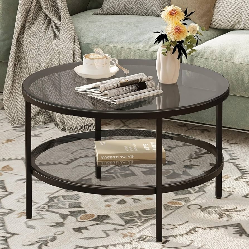 Coffee Table Round Tinted Glass Two Tier Smoke Accent