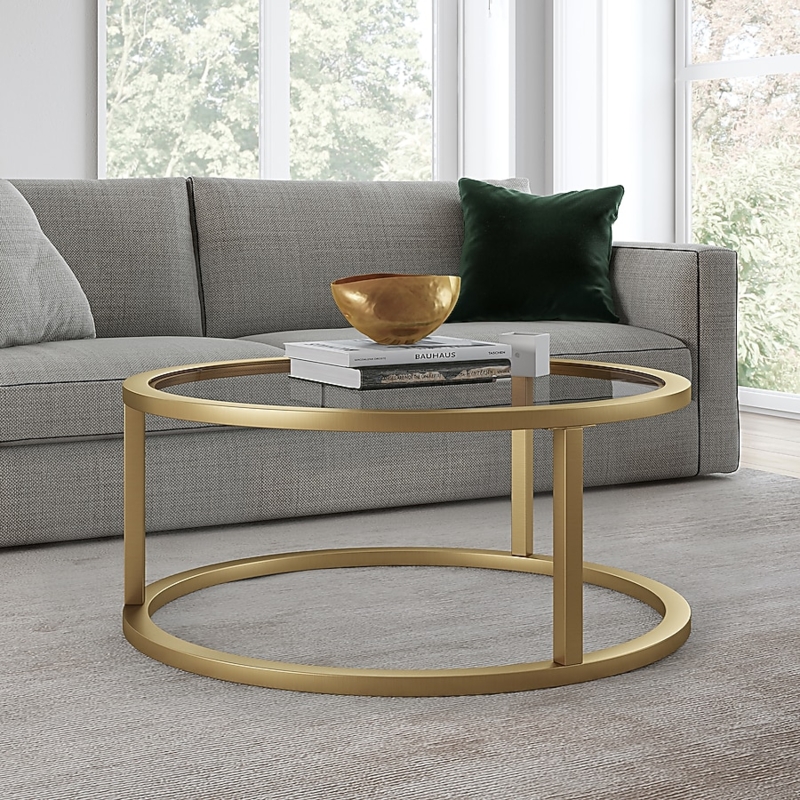 Coffee Table Round Transparent Glass Top Brass Circular Frame