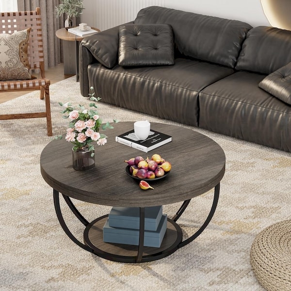 Coffee Table Round Two Tier Curved Metal Frame Wood Finish Storage