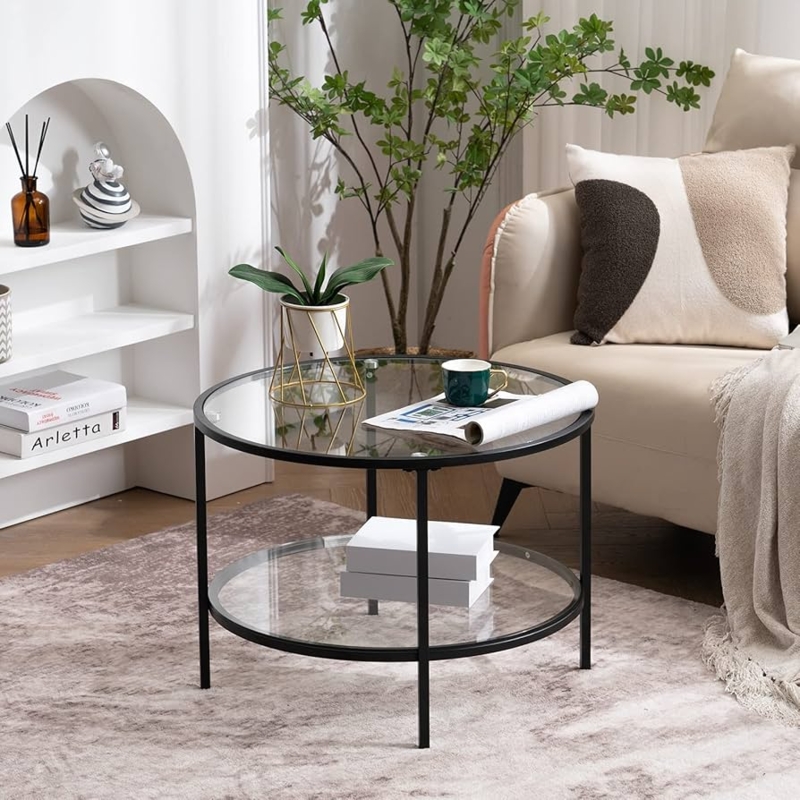 Coffee Table Round Two Tier Glass Black Metal Small Space