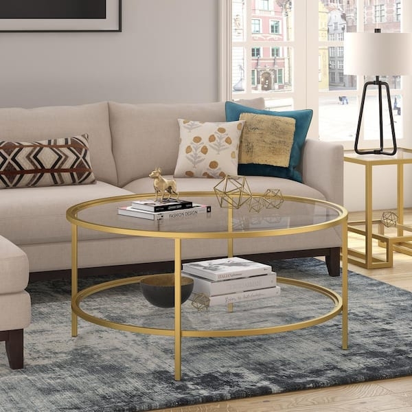 Coffee Table Round Two Tier Glass Metal Frame Storage