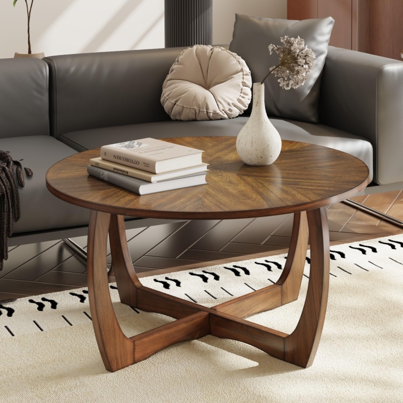 Coffee Table Round Walnut Sunburst Grain Curved X-Base Mid-Century