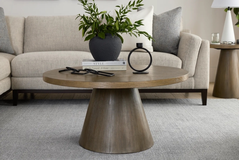 Coffee Table Round Weathered Gray Wood Ribbed Conical Pedestal Base