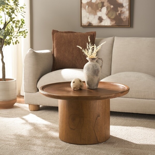 Coffee Table Round with Raised Rim Tabletop and Thick Pedestal Base, Wood