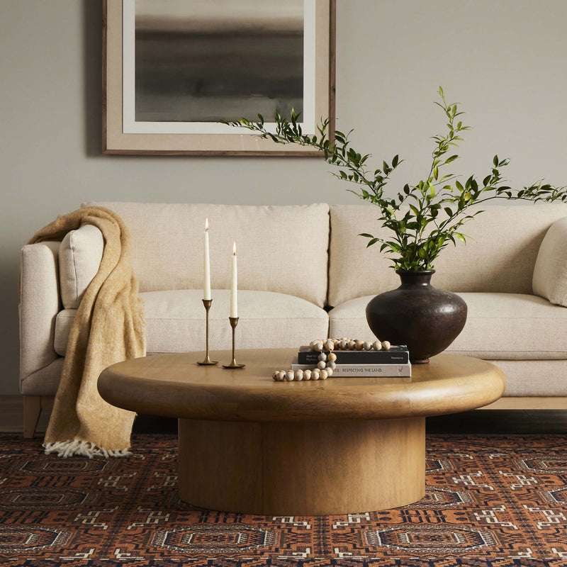 Coffee Table Round Wood Chunky Pedestal Base Organic Modern Style