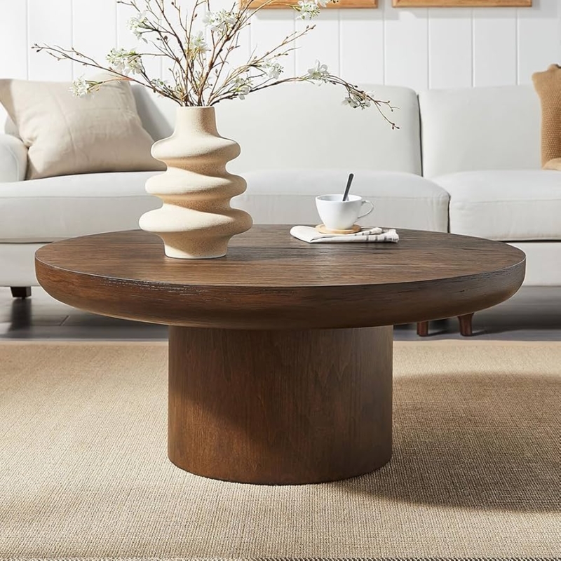 Coffee Table Round Wood Pedestal Base with Thick Circular Top, Dark Brown