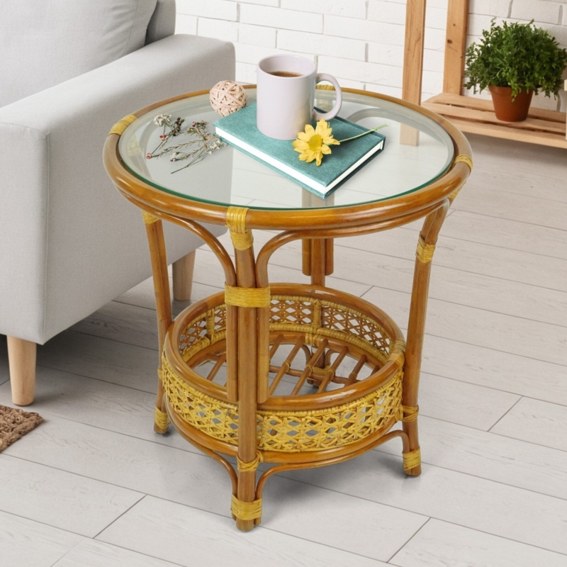 Coffee Table Round Woven Basket Shelf Bent Rattan Legs Glass Inset