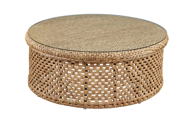 Coffee Table Round Woven Drum Base Braided Rim Detail Glass Surface