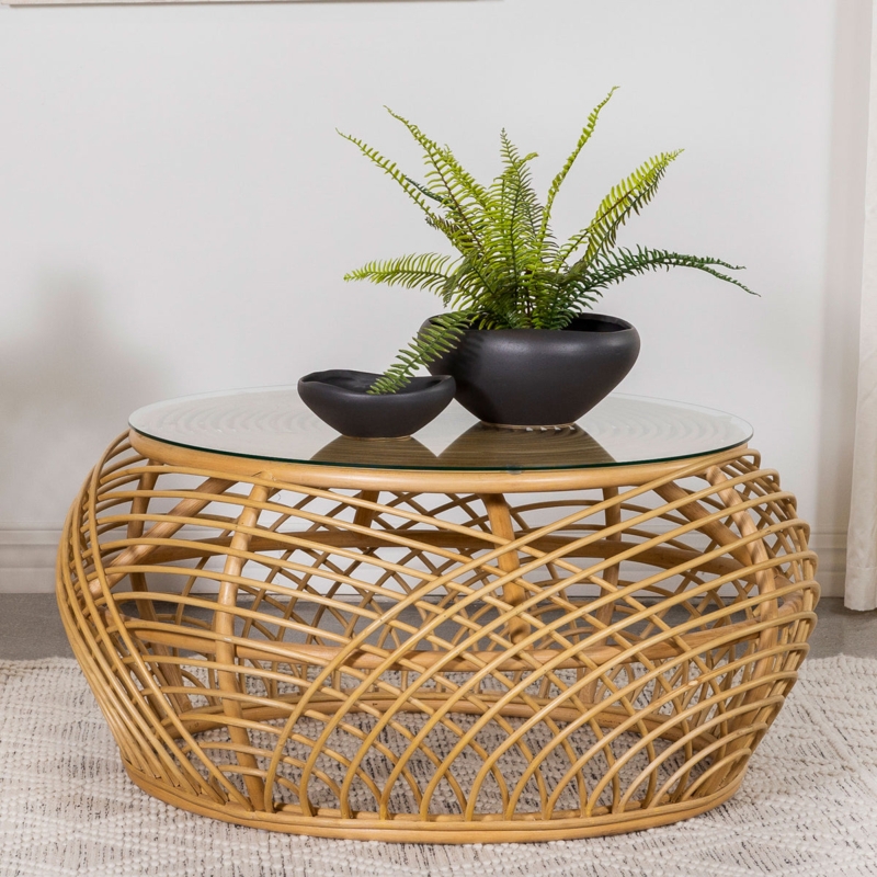 Coffee Table Round Woven Rattan Circular Lattice Hollow Base Glass Top