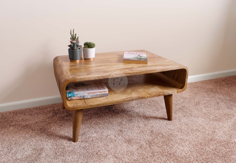 Coffee Table Rounded Corners Open Shelf Tapered Legs Mid Century