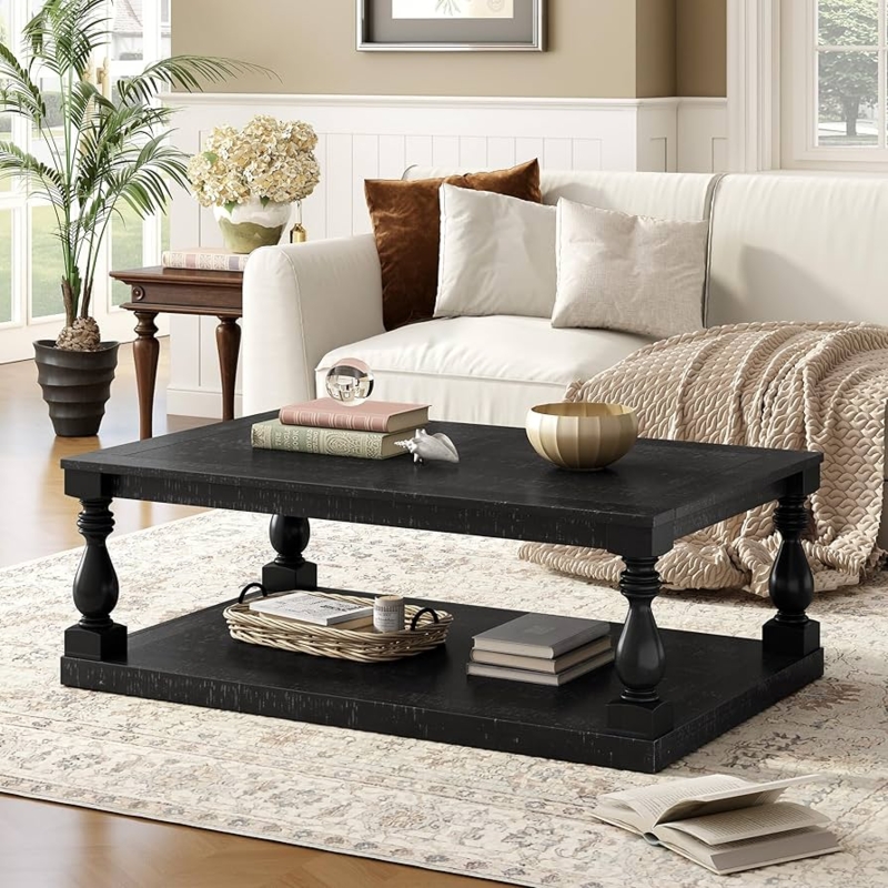 Coffee Table Rustic Black with Turned Legs and Storage Shelf