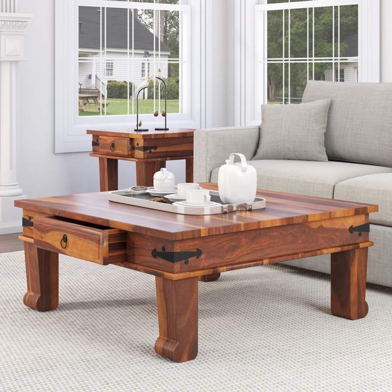 Coffee Table Rustic Square Warm Wood Low Profile Drawer