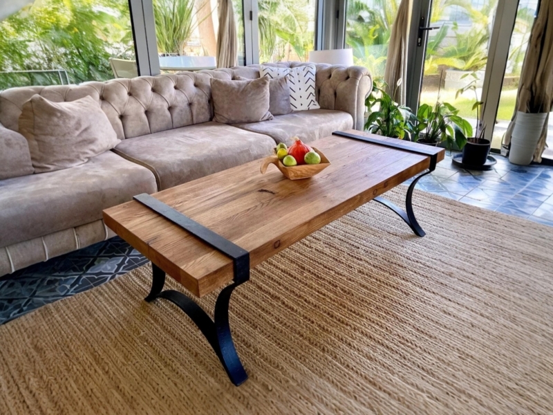 Coffee Table Rustic Wood Plank Top Metal Strap Legs Farmhouse Style