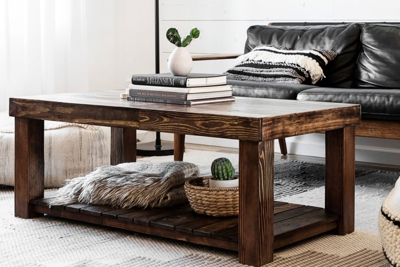 Coffee Table, Rustic Wood Toned with Slatted Lower Shelf