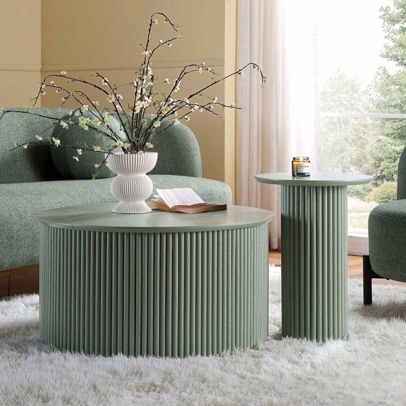 Coffee Table Sage Green Ribbed Drum with Painted Finish
