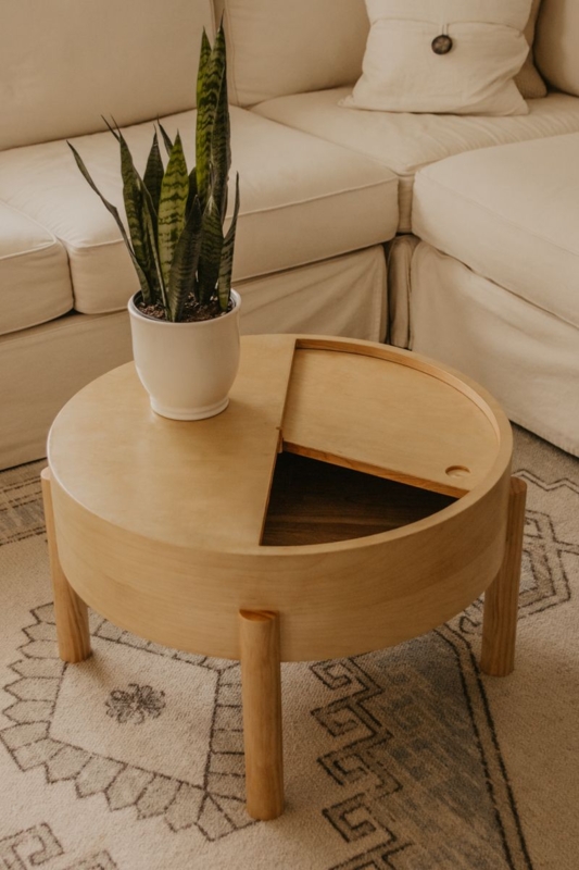 Coffee Table Scandinavian Light Wood Drum with Cylindrical Legs
