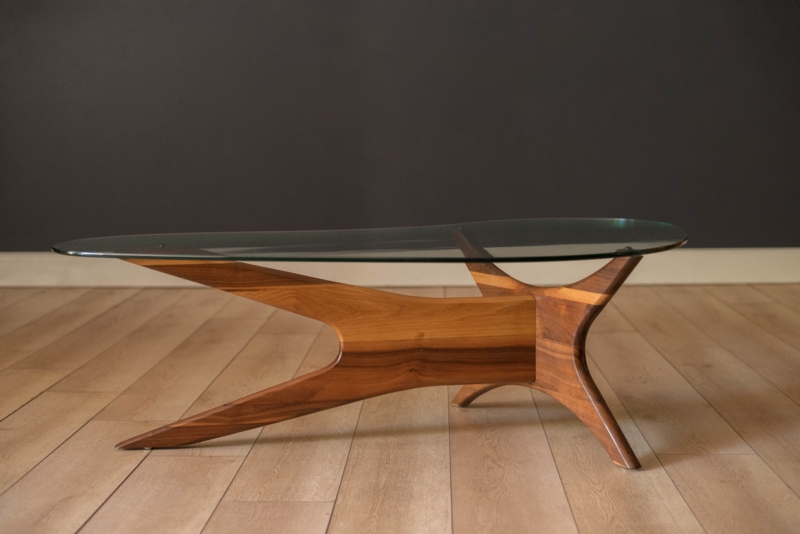 Coffee Table Sculptural Jacks Base Floating Glass Top Walnut