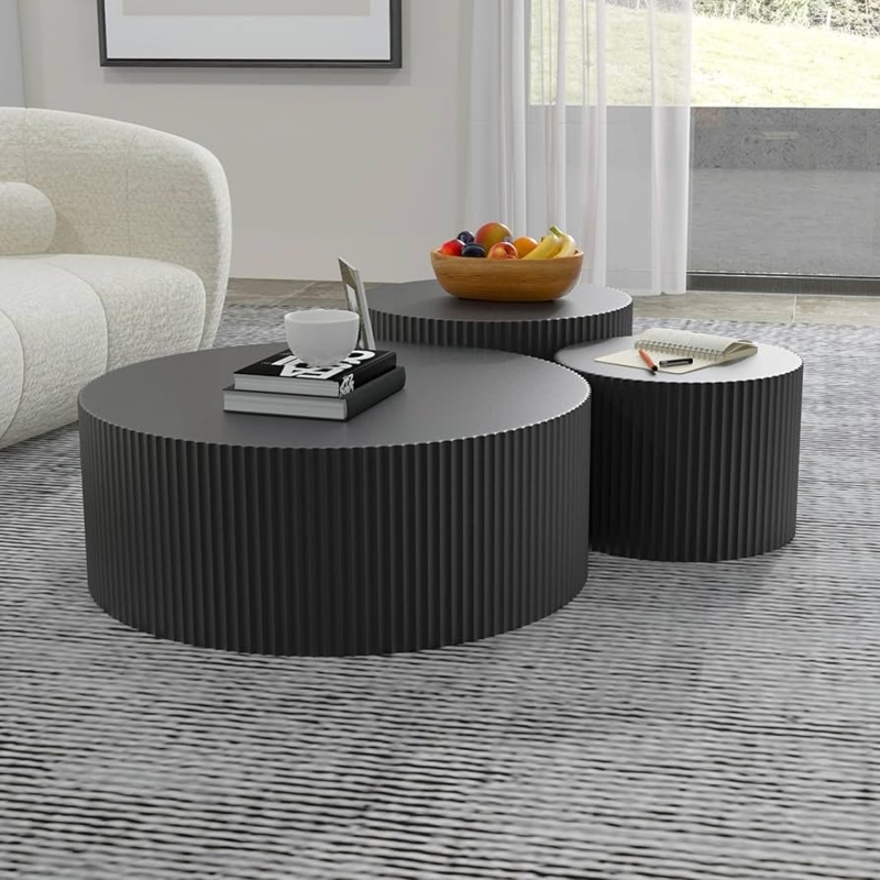 Coffee Table Set Fluted Drum Round Nesting Trio