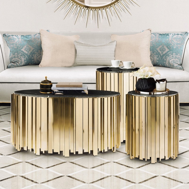 Coffee Table Set Gold Fluted Base Black Marble Top Luxury Nesting