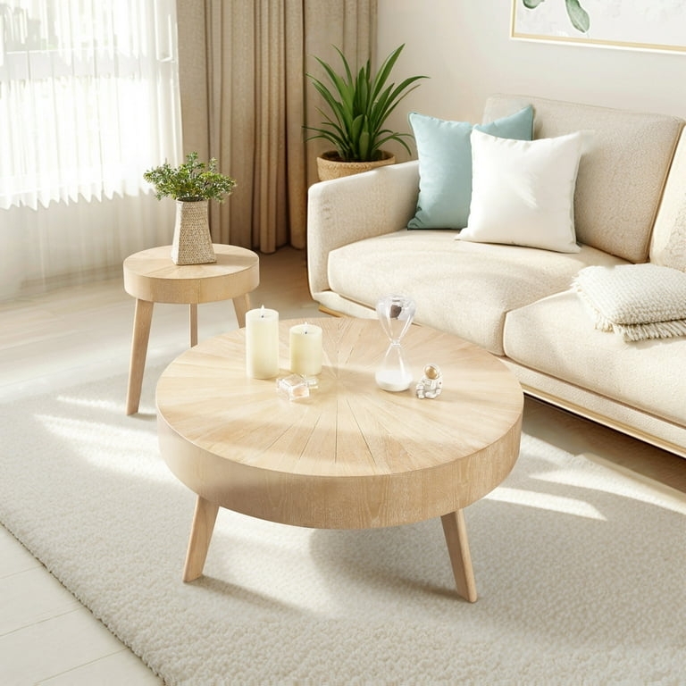 Coffee Table Set Nesting Round Radial Grain Light Oak Scandinavian