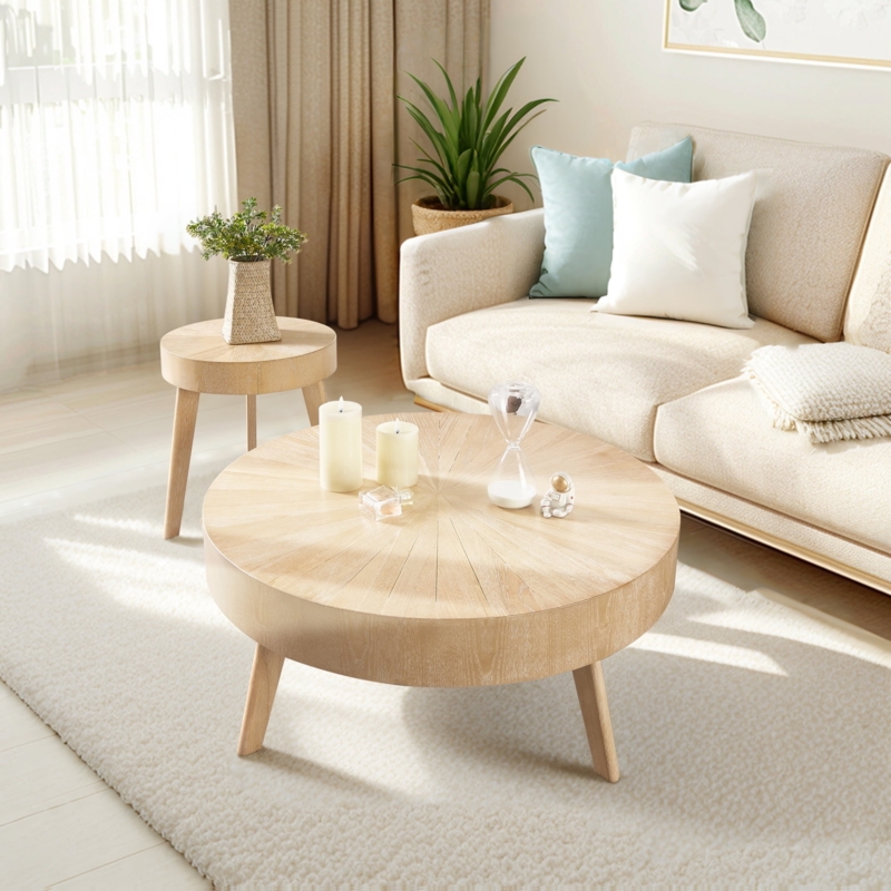 Coffee Table Set Round Nesting Pair, Sunburst Wood Grain, Tapered Legs
