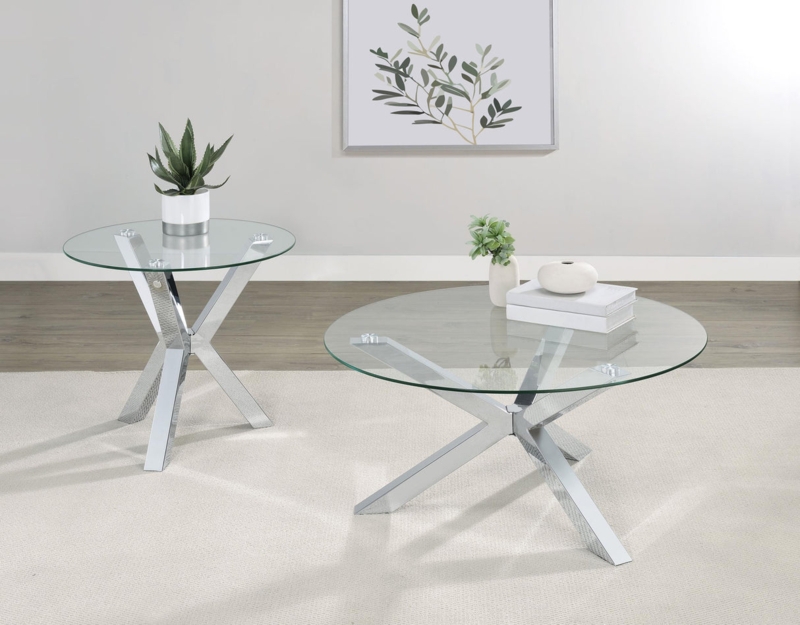 Coffee Table Set with Tempered Glass Tops and Polished Metal X-Frame Base
