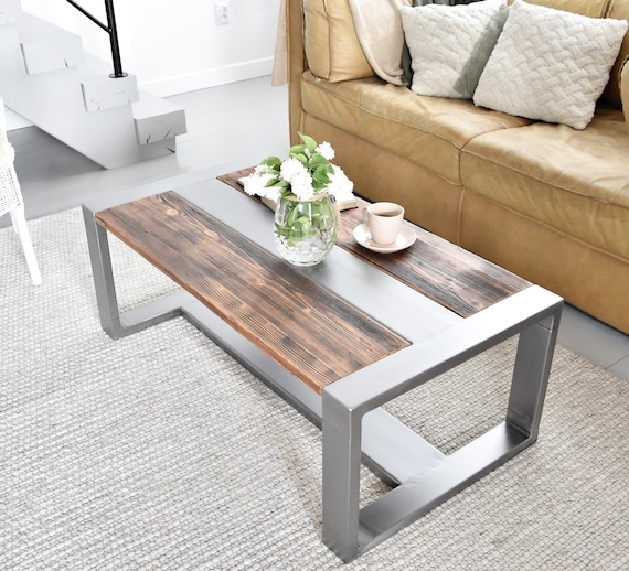 Coffee Table Silver Metal Legs Central Inlay Mixed Material Plank Top