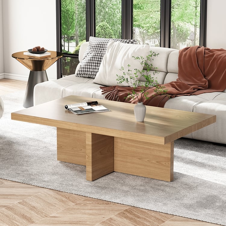 Coffee Table Slat Base Design, Light Wood Finish, Rectangular Top