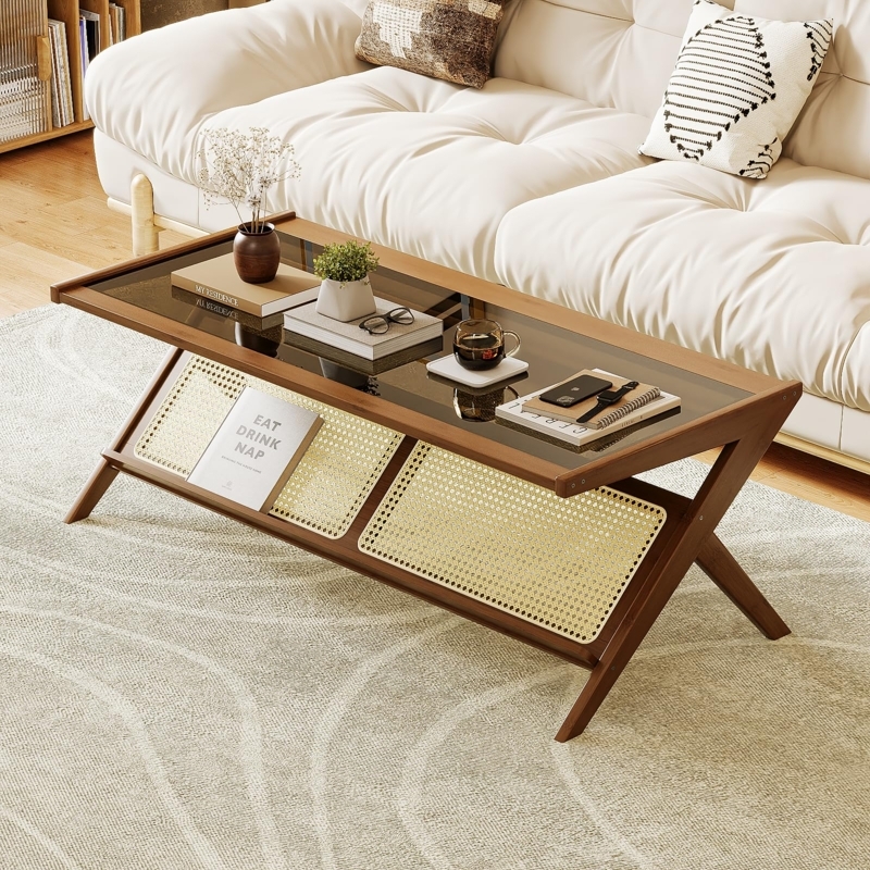 Coffee Table Smoked Glass Top Cane Shelf Angled Wood Frame
