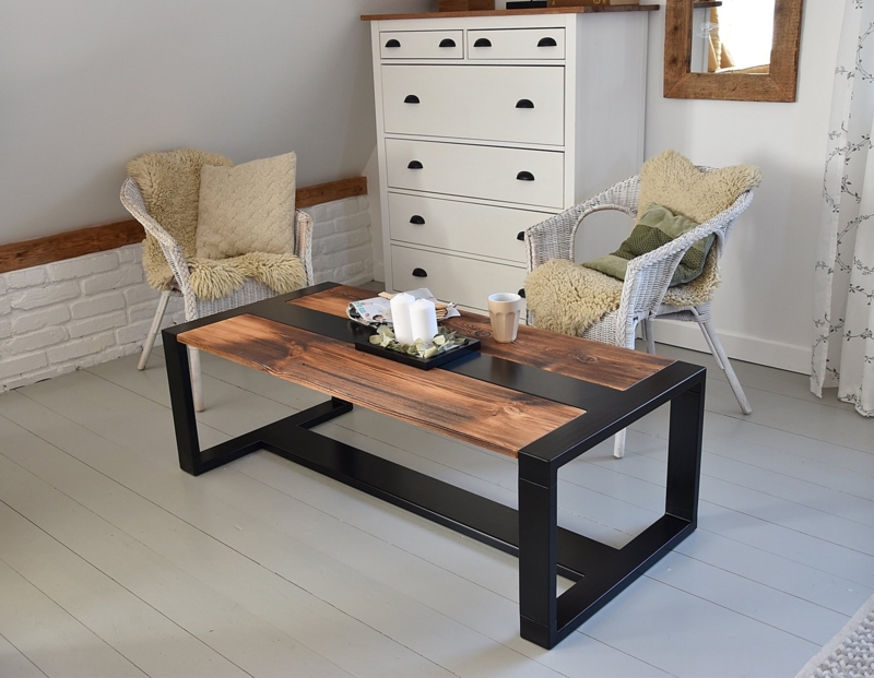 Coffee Table Split Plank Top Matte Black Metal Frame Reclaimed Look