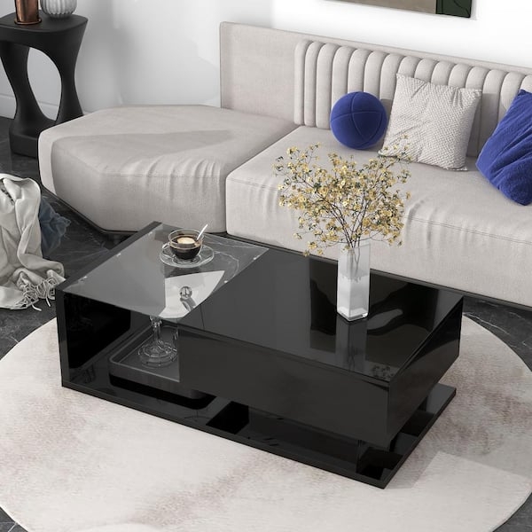 Coffee Table Split Top Glass Insert High Gloss Geometric Storage