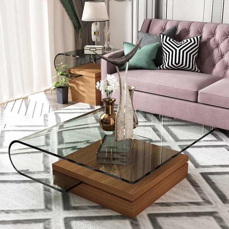 Coffee Table Square Bent Glass Top Tiered Walnut Block Base