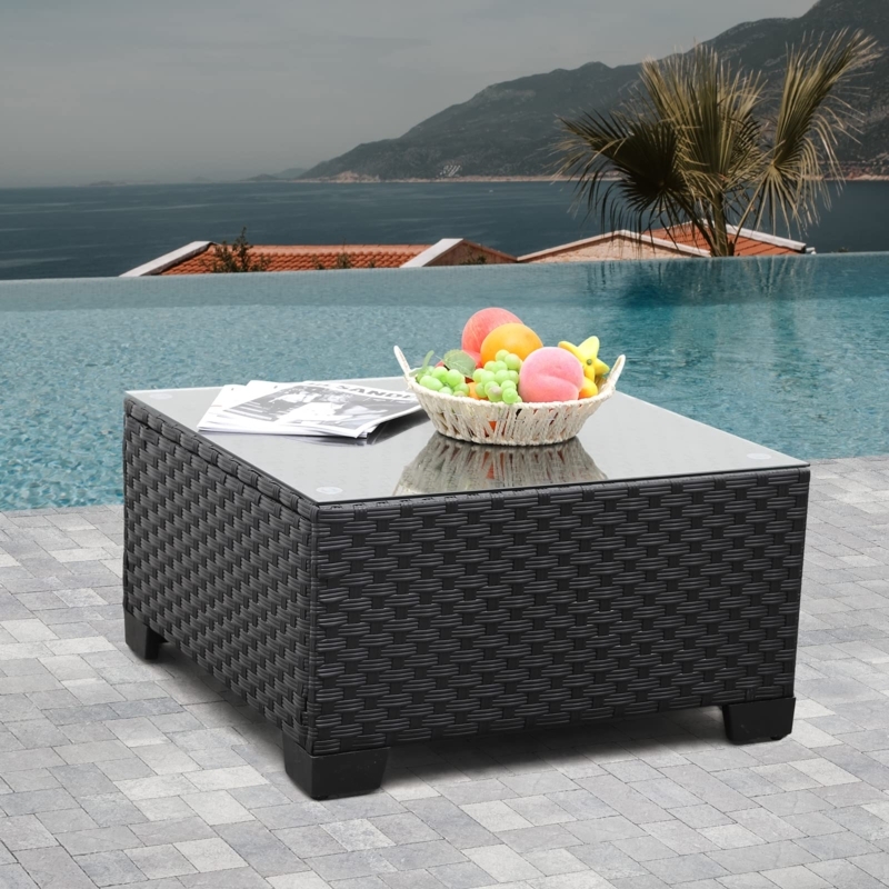 Coffee Table Square Black Wicker Woven Texture Glass Top Block Feet
