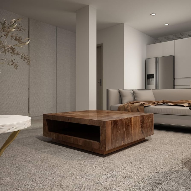Coffee Table Square Block Low Profile Open Shelf Wood Grain Minimalist