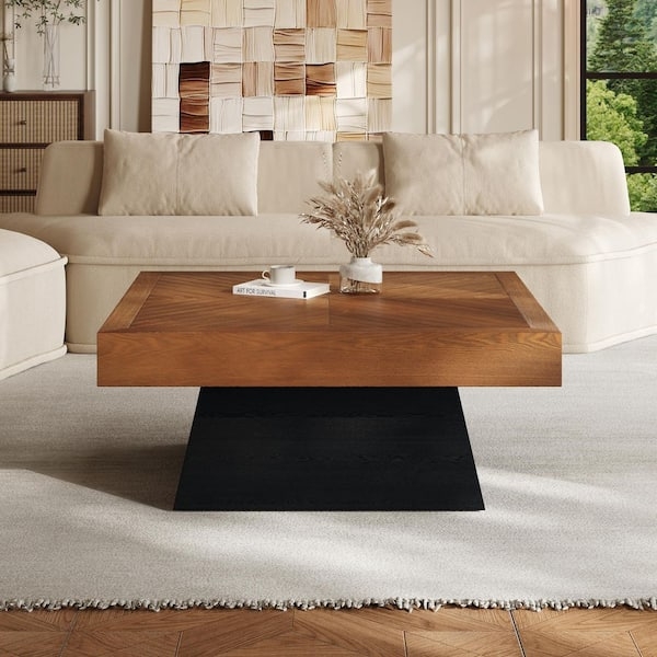 Coffee Table Square Chevron Pattern Black Pedestal Base