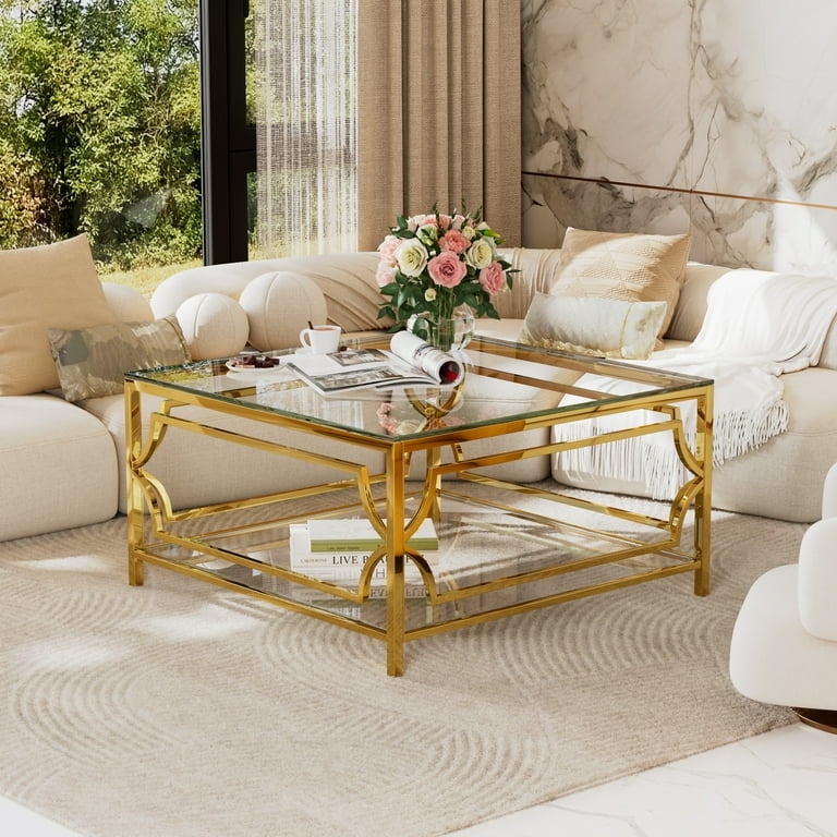 Coffee Table Square Geometric Gold Frame Two Tier Glass Top
