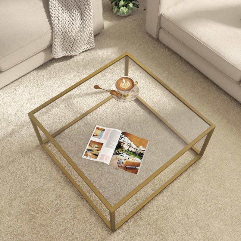 Coffee Table Square Glass Top Gold Metal Minimalist Frame
