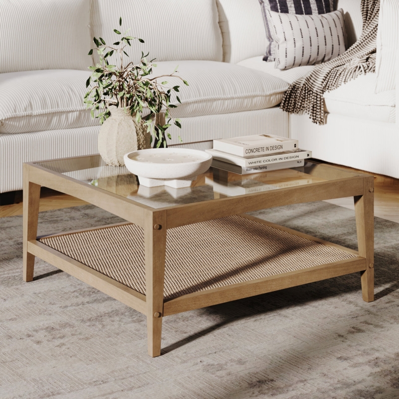 Coffee Table Square Glass Top Rattan Shelf Exposed Hardware Light Wood