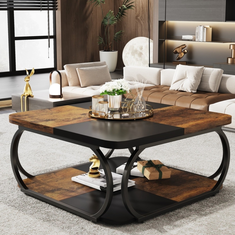 Coffee Table Square Rustic Wood with Black Metal X-Brace Frame