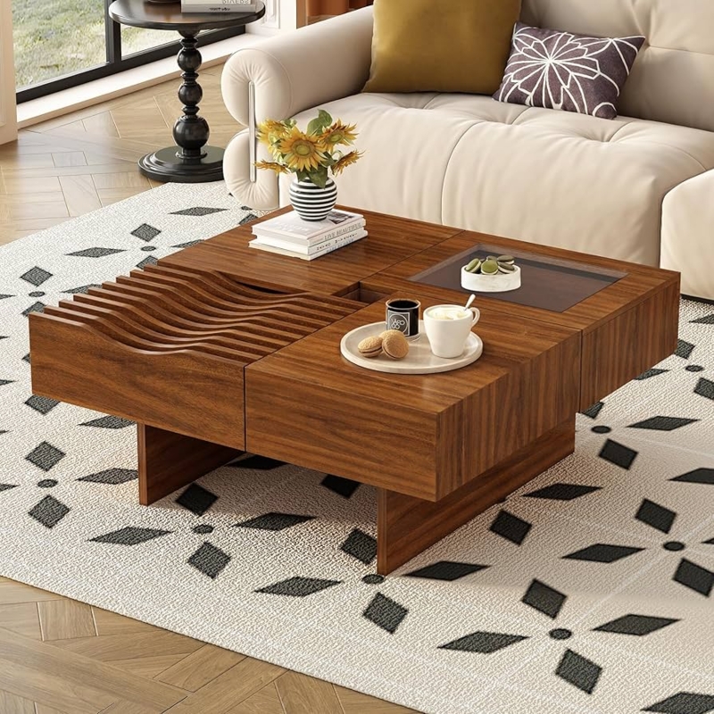 Coffee Table Square Slatted Wave Texture Glass Insert Brown