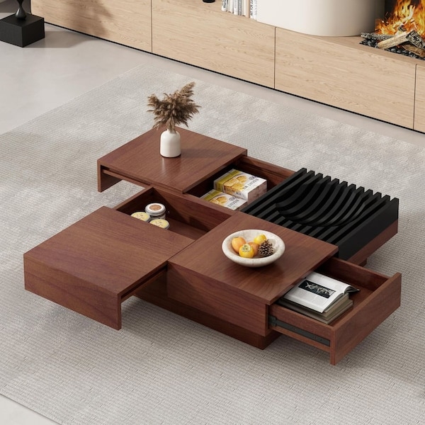Coffee Table Square Sliding Top Ribbed Black Insert Wood