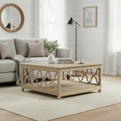 Coffee Table Square Top Lower Shelf Chunky Legs Light Wood Farmhouse