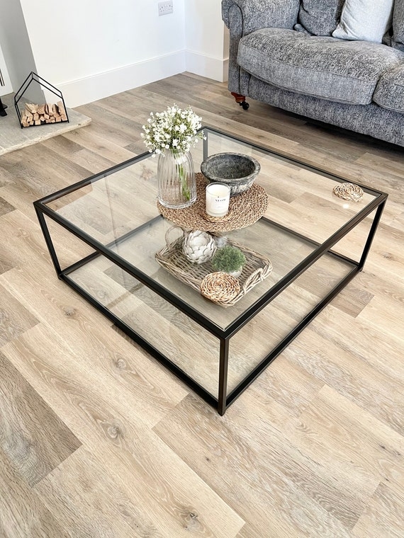 Coffee Table Square Two-Tier Glass Black Metal Frame Modern Open Style