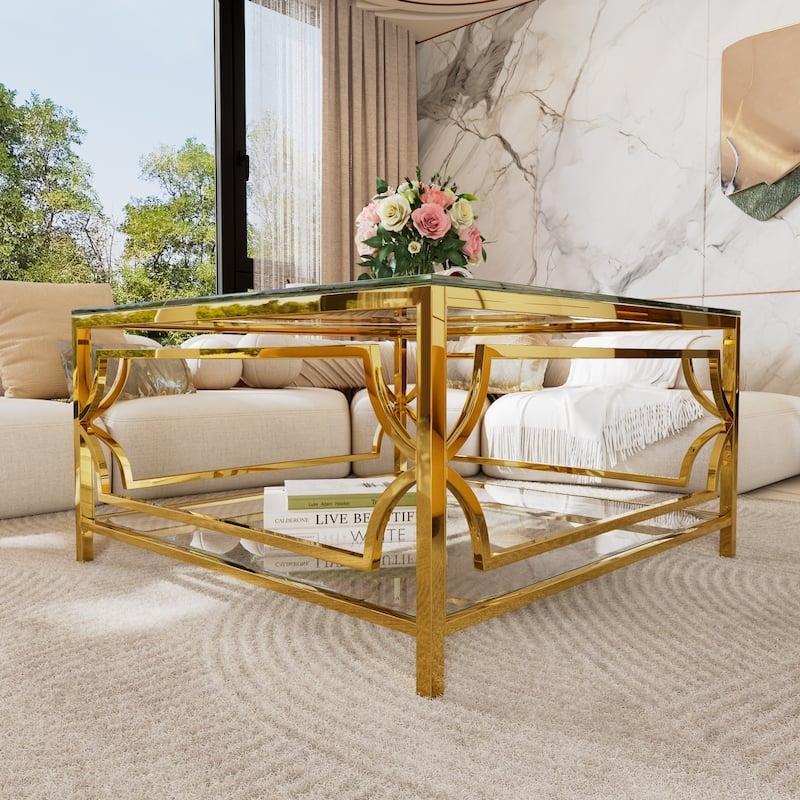 Coffee Table Square Two Tier Glass Geometric Gold Frame