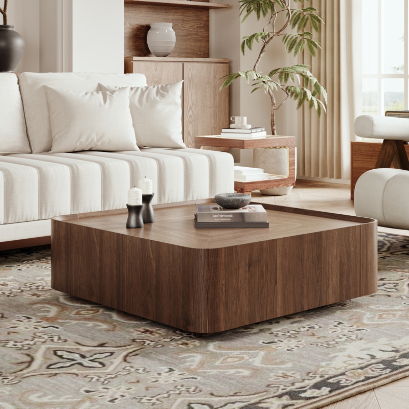 Coffee Table Square Walnut Low Profile Rounded Corner Wood Table