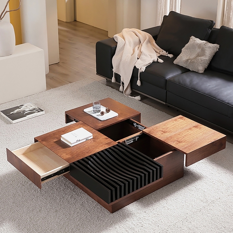Coffee Table Square Walnut Slatted Black Accent Storage