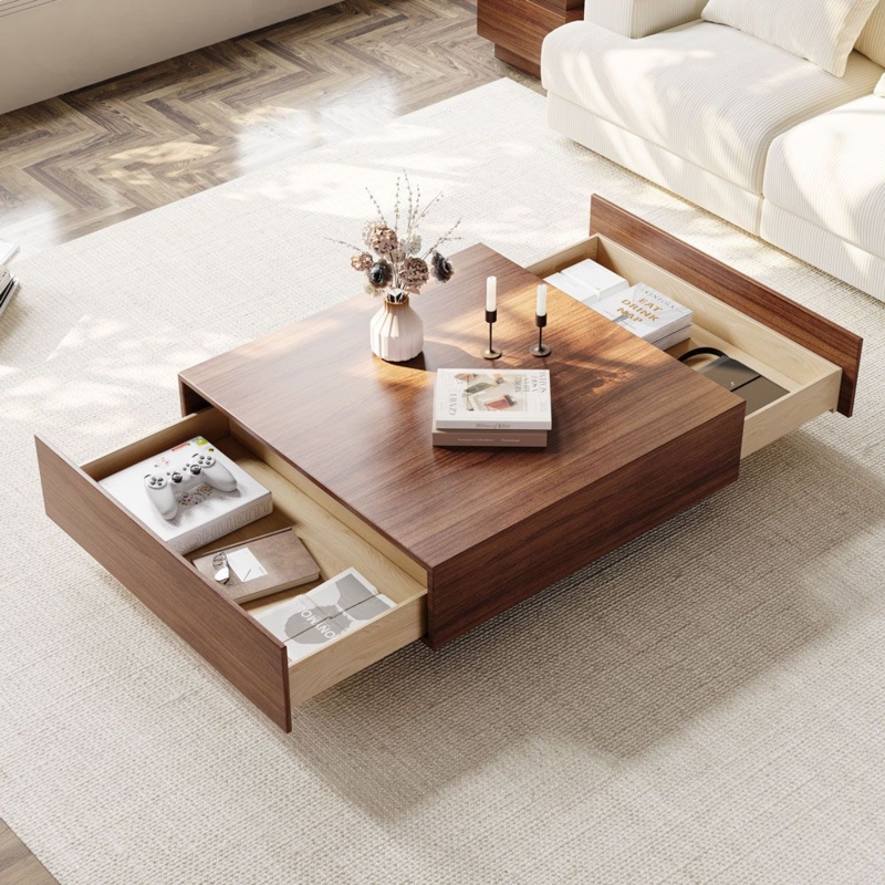 Coffee Table Square Walnut Veneer with Dual Hidden Storage Drawers