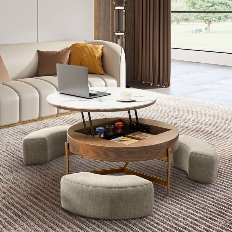 Coffee Table Stone Pattern Lift Top Nested Stools Tripod